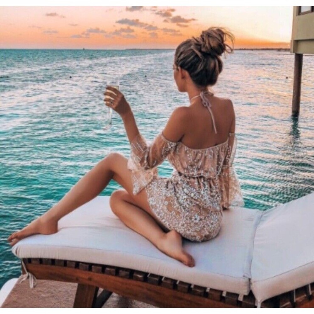 Hello Molly 12 Shimmer Please Romper Tan Lace Glitter Gold Wrap Playsuit Bronze